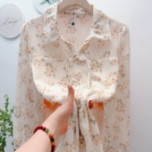 女外搭衬衣系扣T恤潮 显瘦遮肉减龄打底衫 碎花雪纺衫 宽松套头衬衫