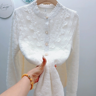 木耳领纱网加绒蕾丝打底衫宽松衬衫秋冬新款显瘦遮肉外穿小衫衬衣