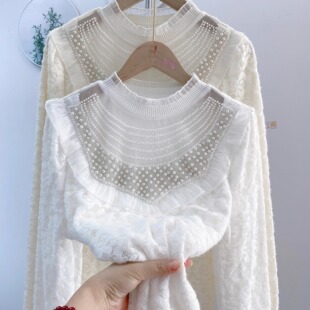 钉珠木耳边纱网加绒蕾丝打底衫宽松衬衫显瘦遮肉小香风小衫衬衣冬
