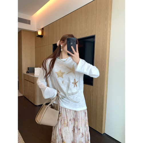 小海星刺绣印花烫钻长袖T恤女