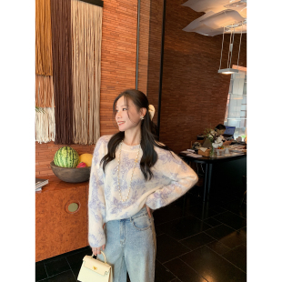 本希benxe/ 马海毛毛绒感印花圆领慵懒风碎花钉珠针织衫毛衣女