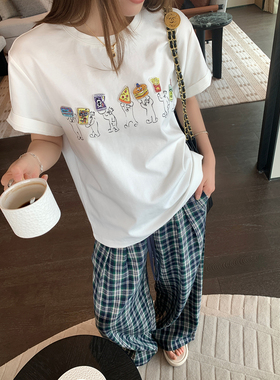 本希benxe/元气夏日~高街贴布白色圆领刺绣宽松短袖印花T恤女