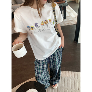 本希benxe/元气夏日~高街贴布白色圆领刺绣宽松短袖印花T恤女