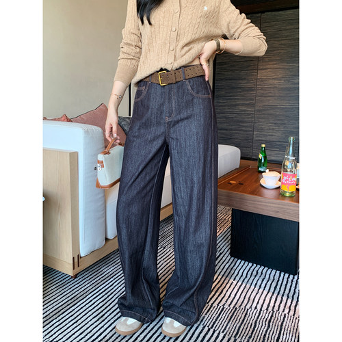 弯刀阔腿拖地直筒牛仔裤女
