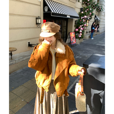 复古绒面宽松毛领厚保暖外套