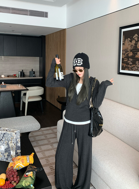 11.08本希benxe/弗里假日 灰色洋气假两件宽松慵懒风套装