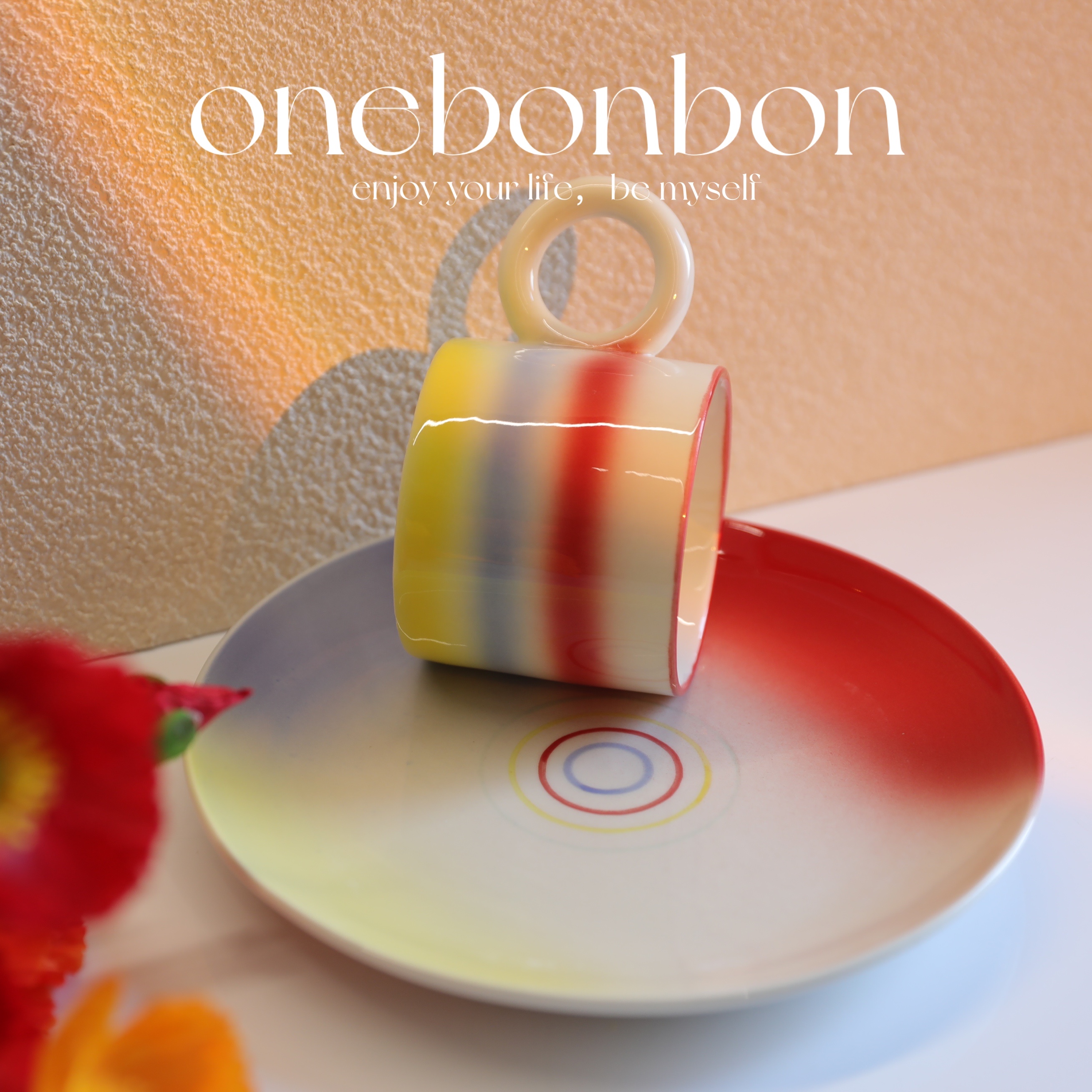 彩虹咖啡杯绝美陶瓷盘子早餐盘