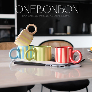 onebonbon条纹复古耳朵杯杯子女生高颜值早餐杯咖啡杯马克杯水杯