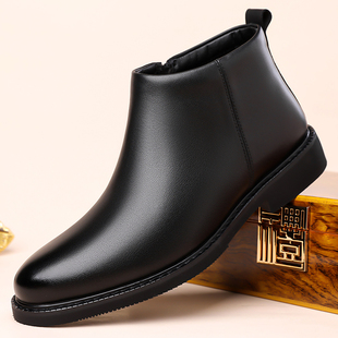 切尔西靴男秋冬季中帮真皮加绒短靴子英伦风高帮潮流百搭保暖皮靴