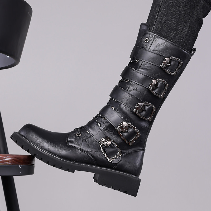 长筒靴子男英伦风皮带扣机车马丁靴男冬季高筒靴黑色演出厚底男靴