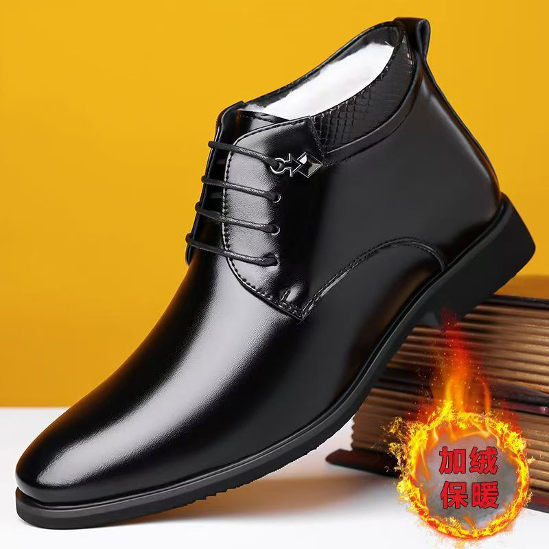 棉鞋男2025冬季加绒保暖英伦高帮皮鞋尖头商务正装鞋棕色休闲男鞋