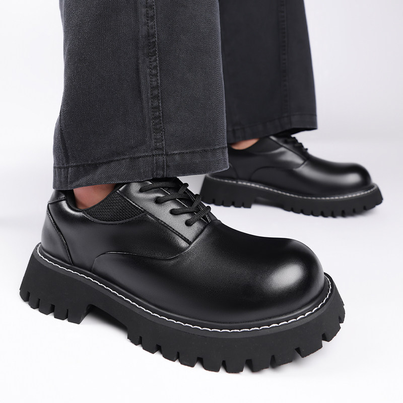 皮鞋男2026春季新款商务休闲鞋厚底德比鞋增高黑色圆头中跟大头鞋