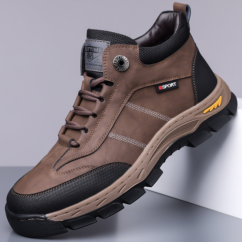 高帮皮鞋男士2025冬季新款加绒保暖工装鞋棕色棉鞋休闲户外登山鞋