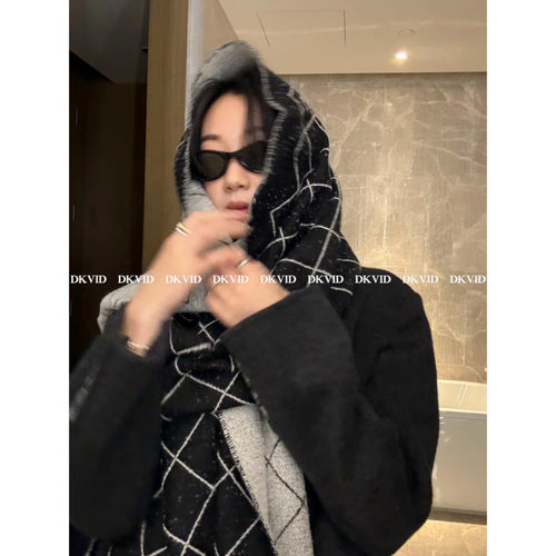 DKVID 25A 敲美_满天星 双面羊绒菱格纹流苏披肩围巾