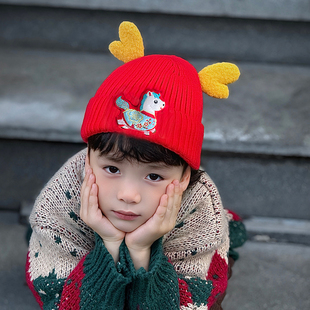 红色儿童帽子新年过年拜年喜庆元素马元素的2026冬季小男孩女头饰