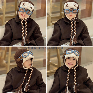儿童毛线帽子护耳针织2025年新款冬季大男孩宝小帅气飞行员超好看
