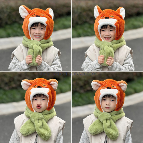 狐狸尼克帽子围巾一体儿童男孩围脖耳朵会动的疯狂动物城朱迪冬季
