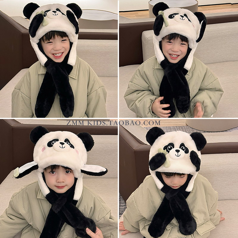 儿童帽子围巾一体冬季2025新款大熊猫小男孩围脖捏耳朵会动的冬天