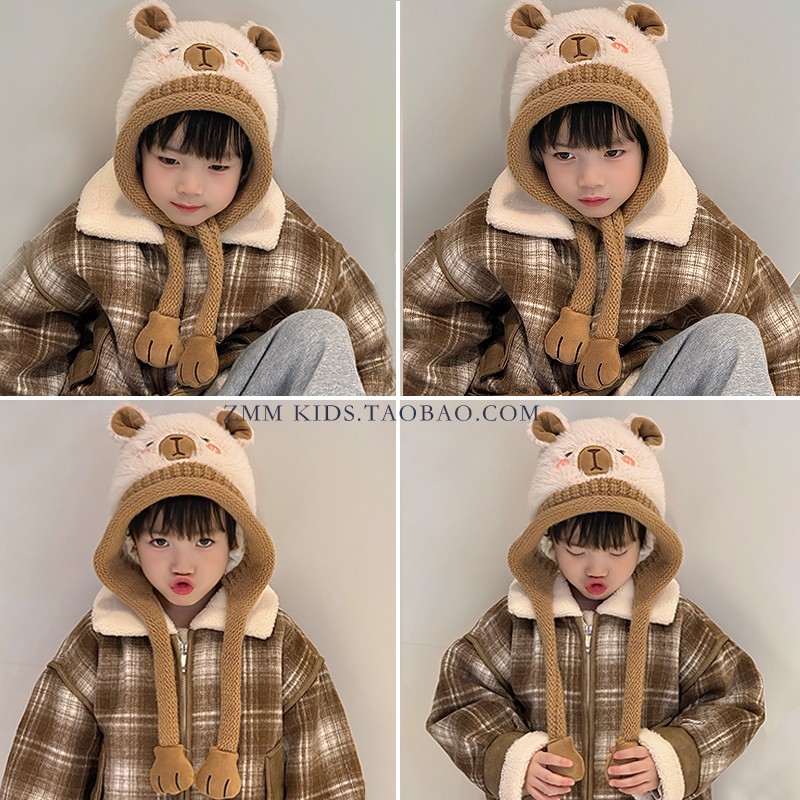 卡皮巴拉帽子儿童毛线绒护耳2025新款秋冬季中大男孩宝小防寒冬天