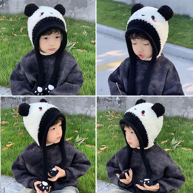 儿童毛线帽子护耳熊猫冬天大男孩宝秋冬季2025新款冬款痞帅气洋气
