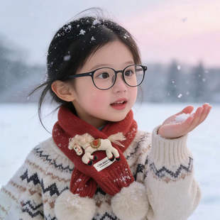 红色新年围巾儿童过年小女孩男宝围脖冬季马元素本命年的配饰洋气