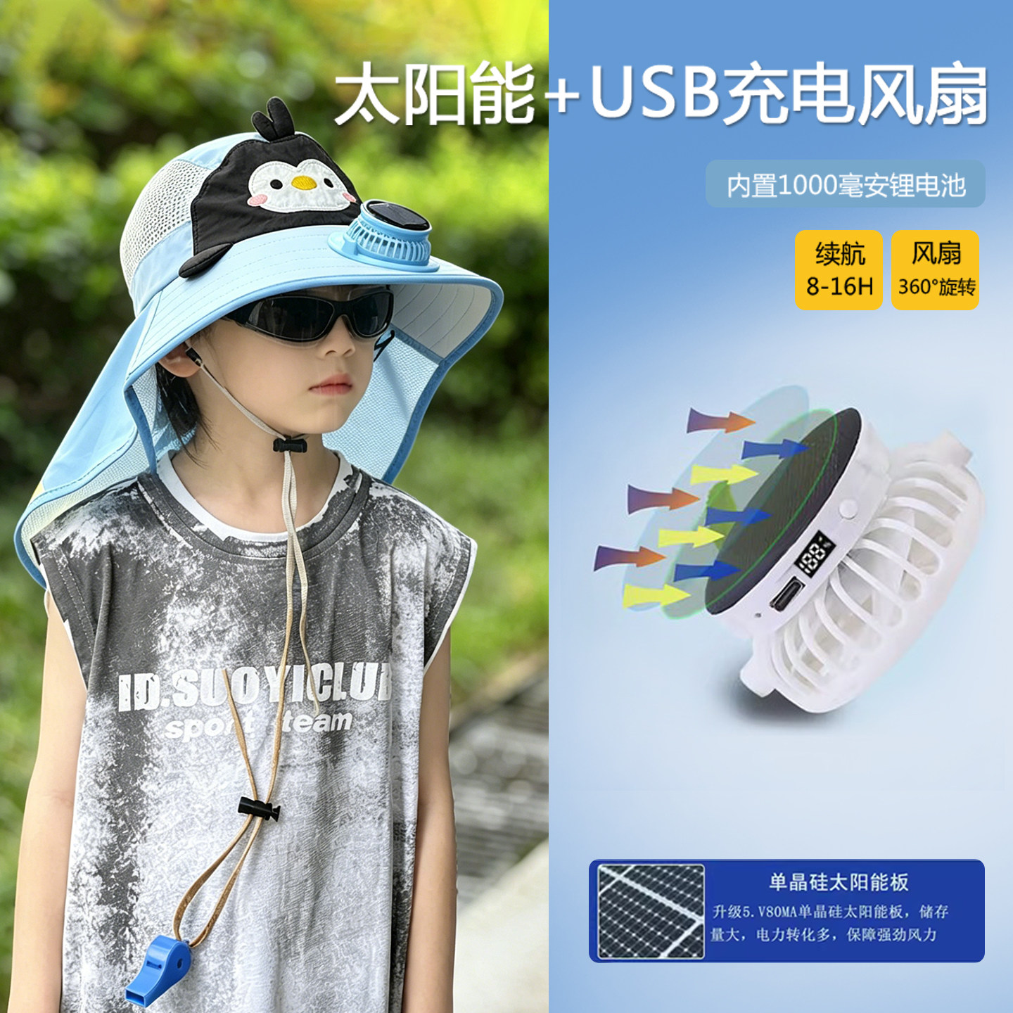 带电风扇的凉帽子儿童防晒大男孩遮阳太阳能充电款专用夏季小企鹅图片