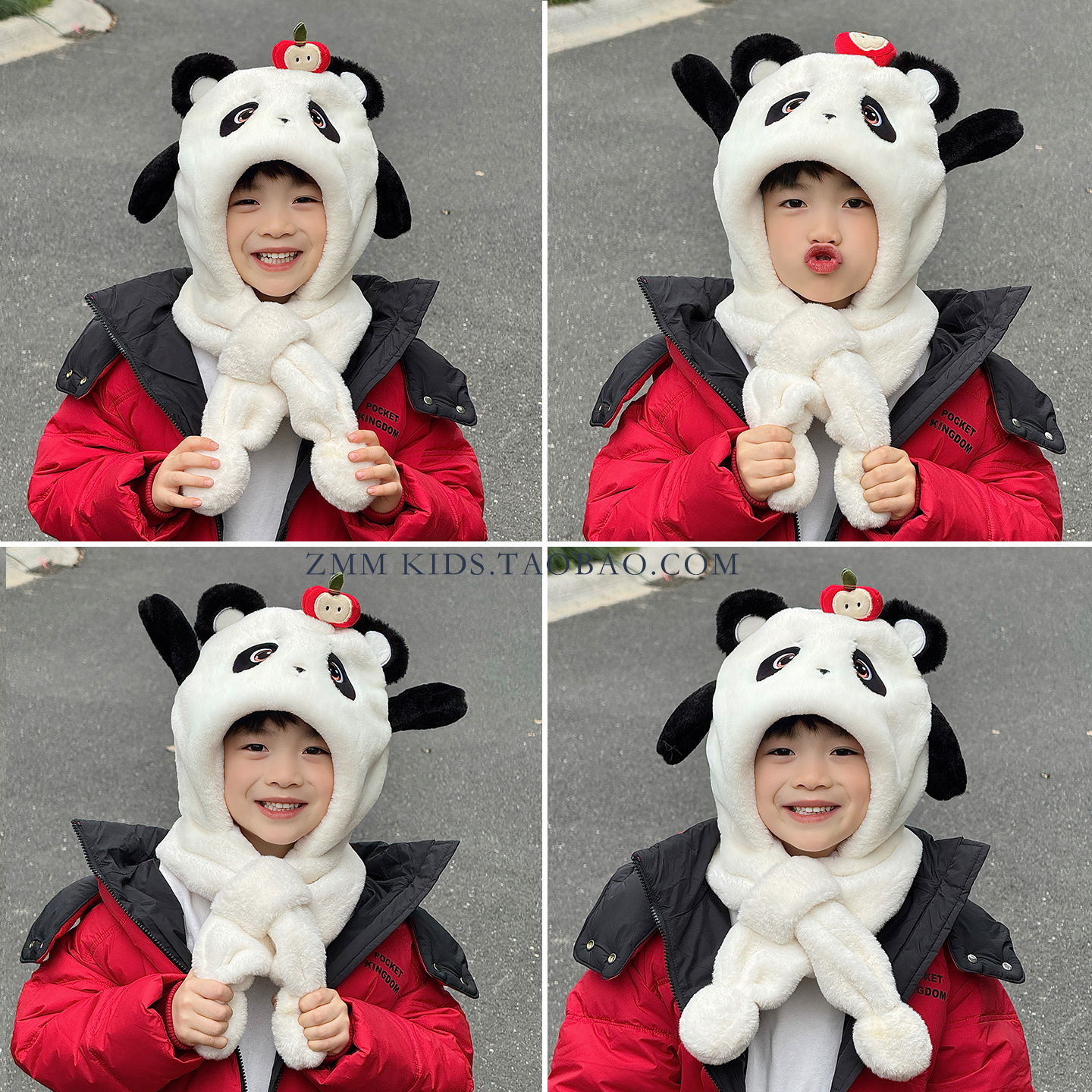 大熊猫帽子围巾一体儿童2025新款小男孩捏耳朵会动的围脖冬季成都