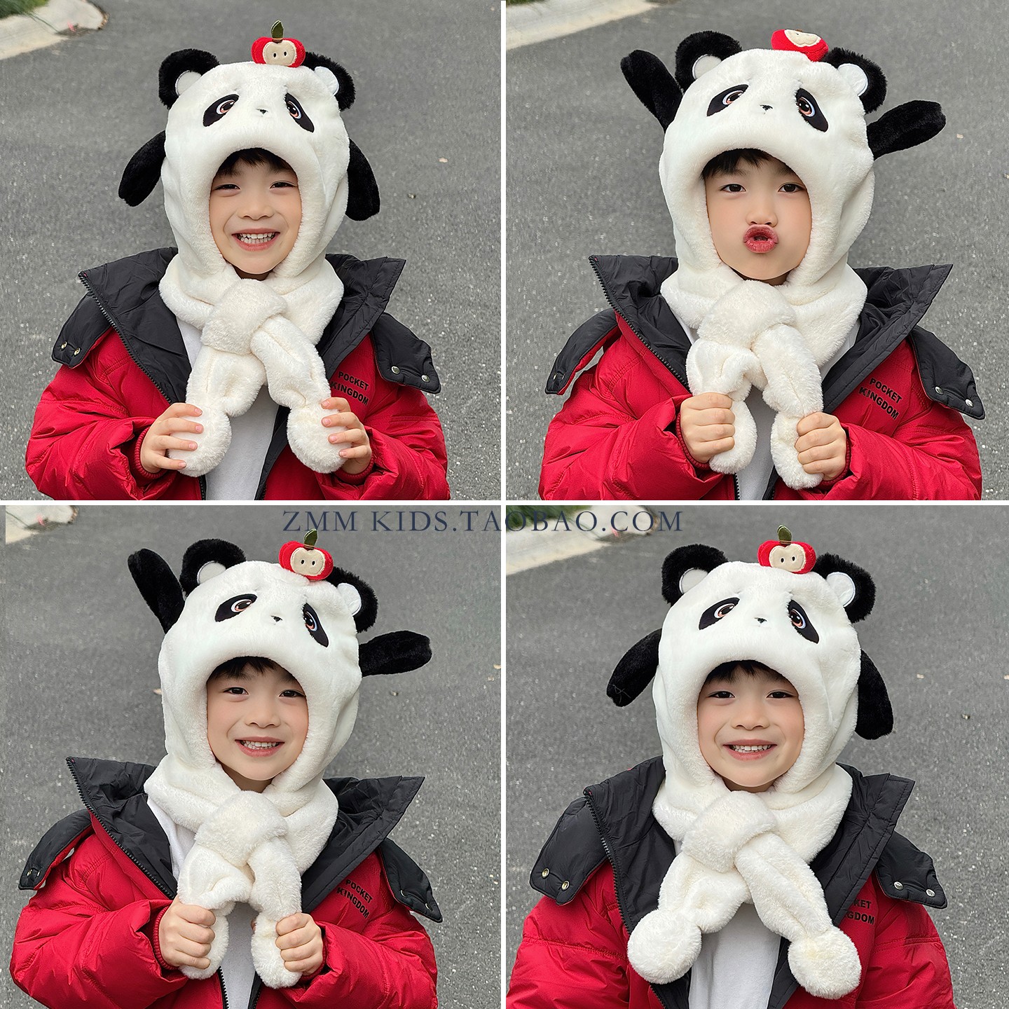 儿童帽子围巾一体冬季2025新款大熊猫小男孩围脖捏耳朵会动的冬天
