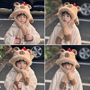围脖小男孩宝 冬季 卡皮巴拉帽子围巾一体儿童捏耳朵会动 2025新款