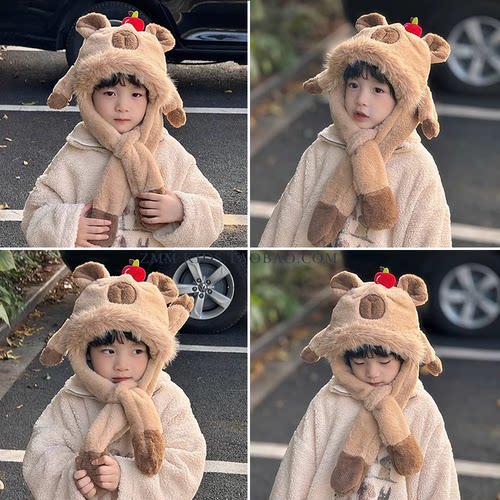 卡皮巴拉帽子围巾一体儿童捏耳朵会动的2025新款冬季围脖小男孩宝