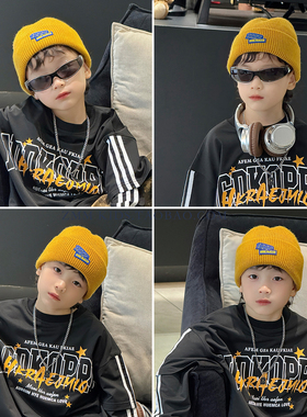 儿童毛线冷帽子针织中大男孩宝小痞帅气炸街秋冬季黄色潮流好看的