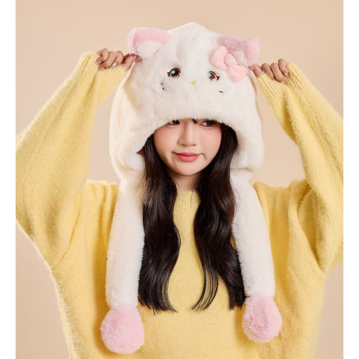 hellokitty帽子围巾一体儿童2025新款女孩捏耳朵会动的围脖凯蒂猫