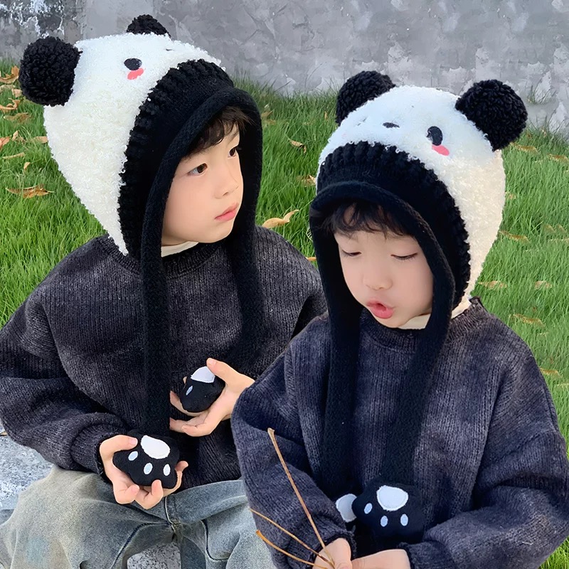 儿童毛线帽子护耳熊猫大男孩宝秋冬季2025新款冬款痞帅气洋气冬天