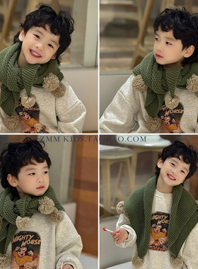 绿色儿童围巾三角大披肩2025新款冬季小男孩宝帅气围脖脖套冬天