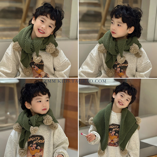 绿色儿童围巾三角大披肩2025新款 小男孩宝帅气围脖脖套冬天 冬季