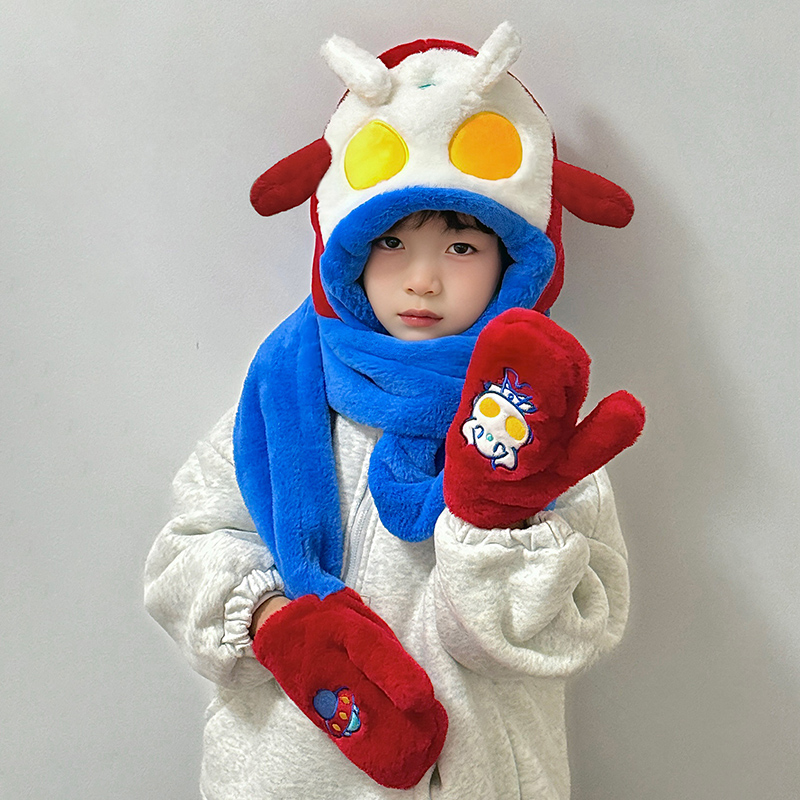 奥特曼帽子儿童围巾一体手套围脖2025新款秋冬季男孩捏耳朵会动的