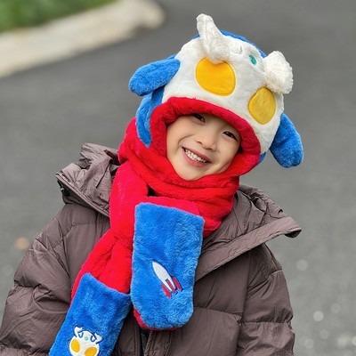 奥特曼帽子围巾一体儿童2025新款手套三件套捏耳朵会动的围脖男孩