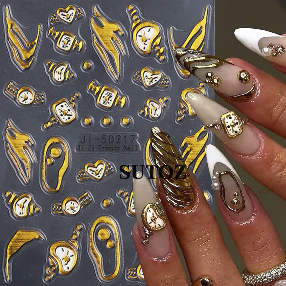 复古抽象金边手表立体浮雕美甲贴