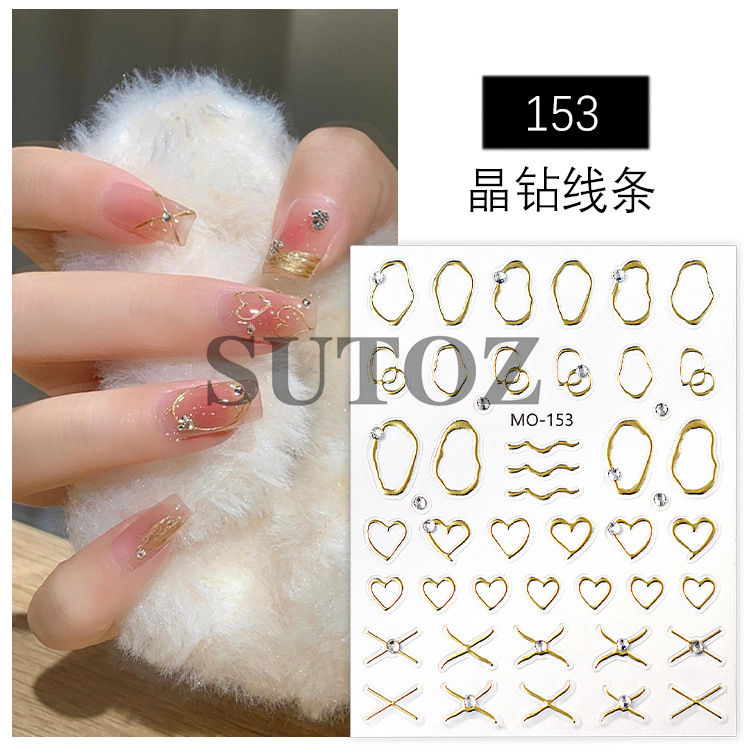 晶钻金银不规则线条爱心美甲贴纸