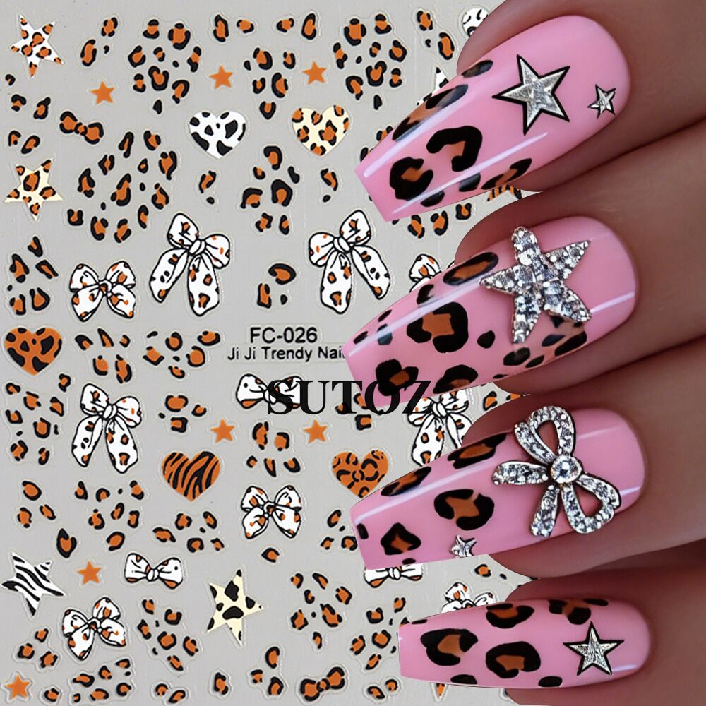 秋冬新款美拉德豹纹蝴蝶结爱心美甲贴纸欧美甜酷ins风指甲贴花