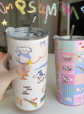 pomp小狗聚会高颜值保温杯保冷吸管杯女士水杯咖啡杯办公室杯子