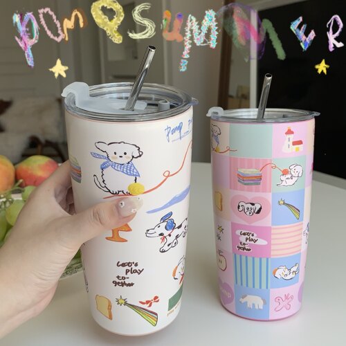 pomp小狗聚会高颜值保温杯保冷吸管杯女士水杯咖啡杯办公室杯子