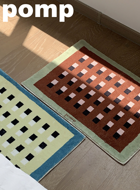 pomp月原创设计复古格子地毯棋盘格元素简约家用粉色圆形地毯卧室