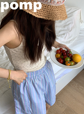 pomp原创设计蓝色彩色线条女士夏季撞色简约显瘦度假风休闲裤短裤