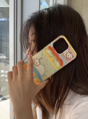 pomp原创设计手绘可爱小猫双层工艺全包防摔ins手机壳适用12苹果13/14promax创意简约