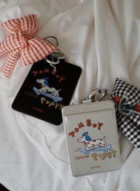 pomp原创设计斑点狗随身行卡包钥匙扣组合撞色艺术真皮蝴蝶结挂件