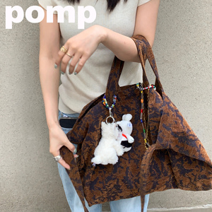 pomp卢昱晓同款原创设计牛仔棕色刺绣提花复古斜挎托特包大容量