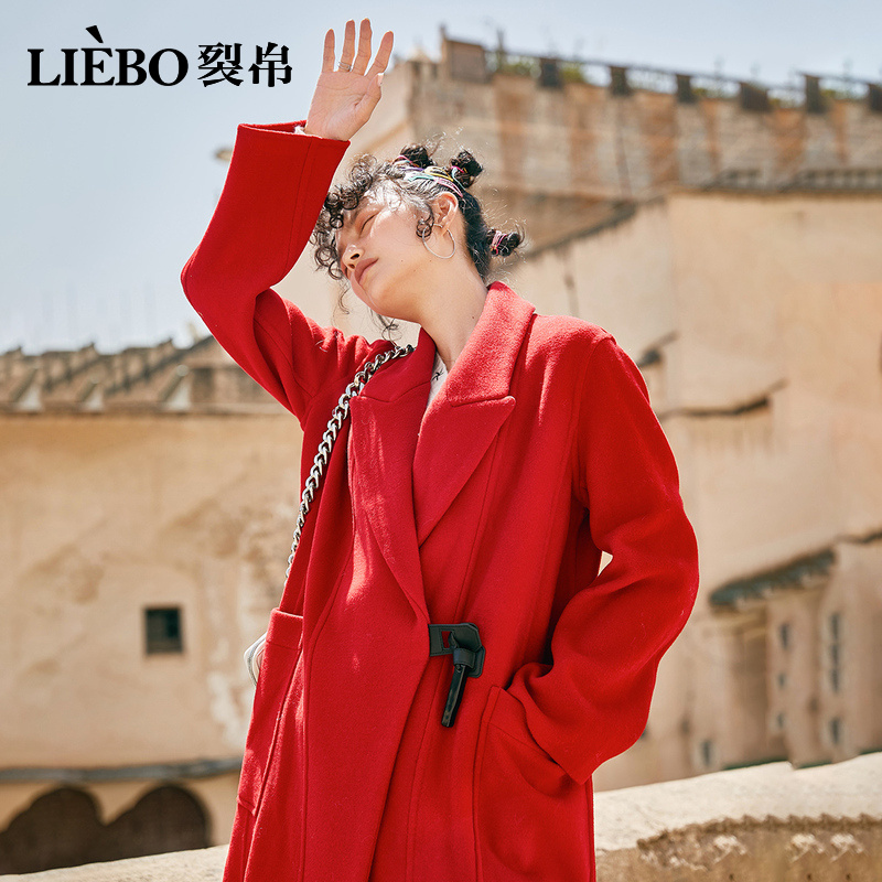 裂帛中长款毛呢外套女2020冬季新款双面呢韩版红色小香风呢子大衣