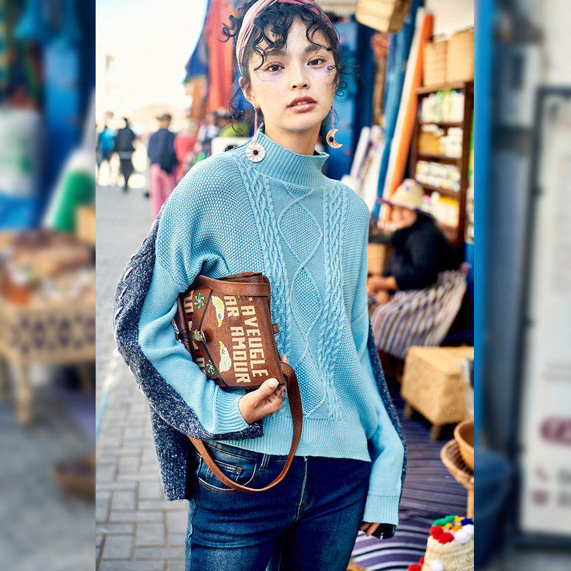 裂帛高领宽松毛衣女2020春装新款拼接长袖提花软奶蓝慵懒风针织衫