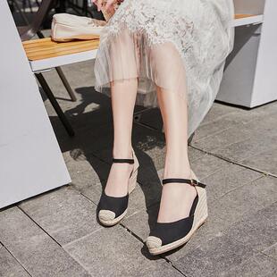 女 坡跟增高透气厚底帆布渔夫凉鞋 夏季 小香风草编包头粗跟高跟法式